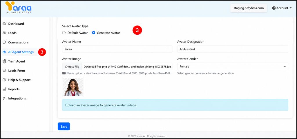 UI for AI avatar creator: form fields for name, designation, gender, avatar image upload, and a preview thumbnail on the main panel.