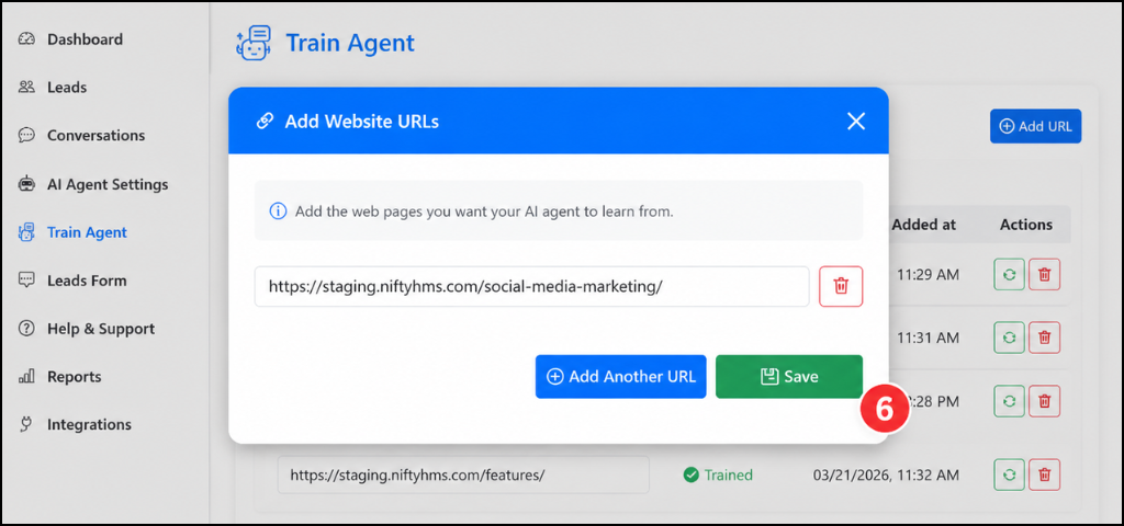 Screenshot of an AI agent dashboard with a modal titled 'Add Website URLs'; shows a URL field, 'Add URL' and 'Save' actions, and a left sidebar menu.